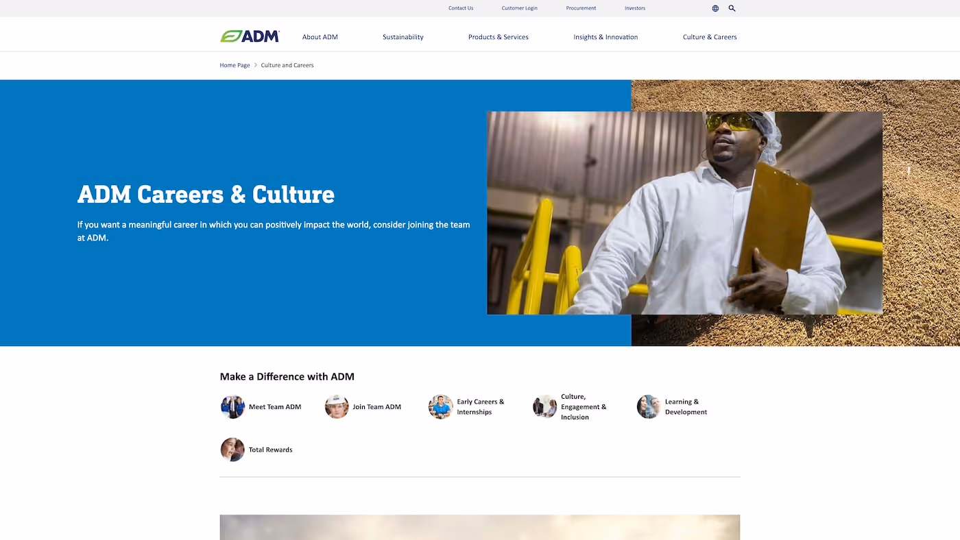 Screenshot of the official career page of Archer Daniels Midland