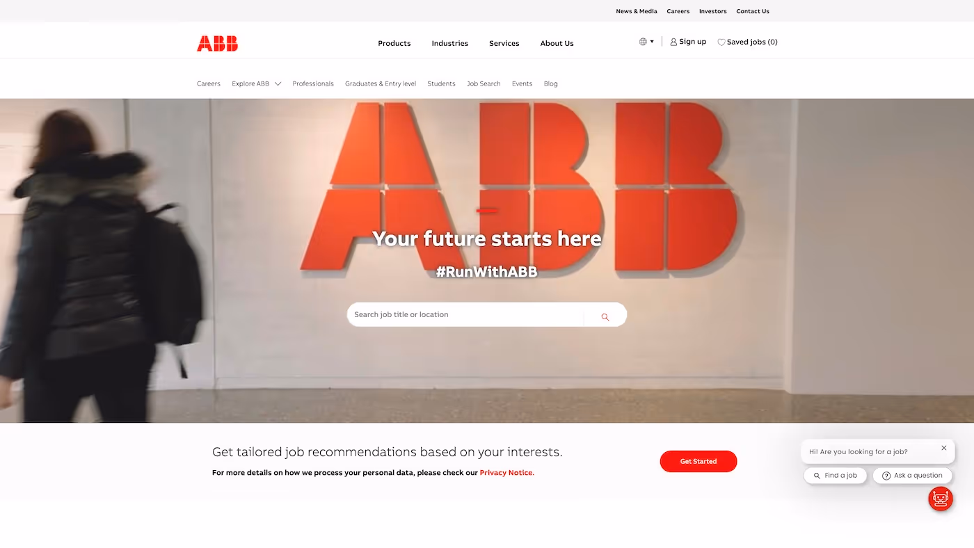 Screenshot of the official career page of ABB