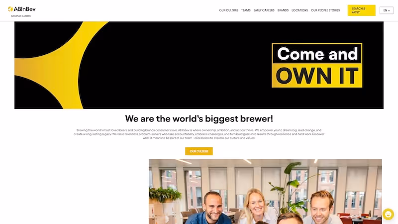 Screenshot of the official career page of Anheuser-Busch InBev