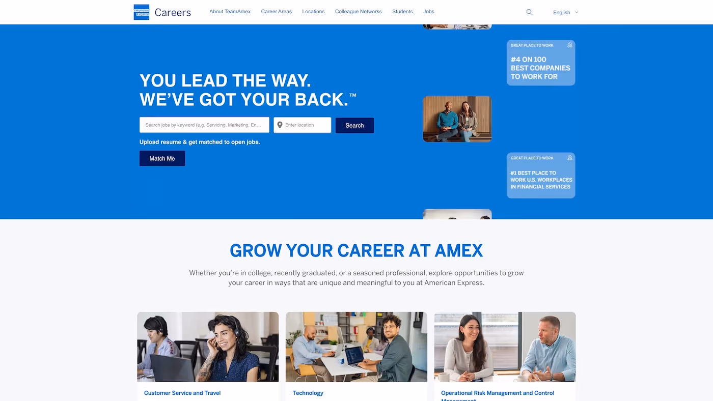 Screenshot of the official career page of American Express