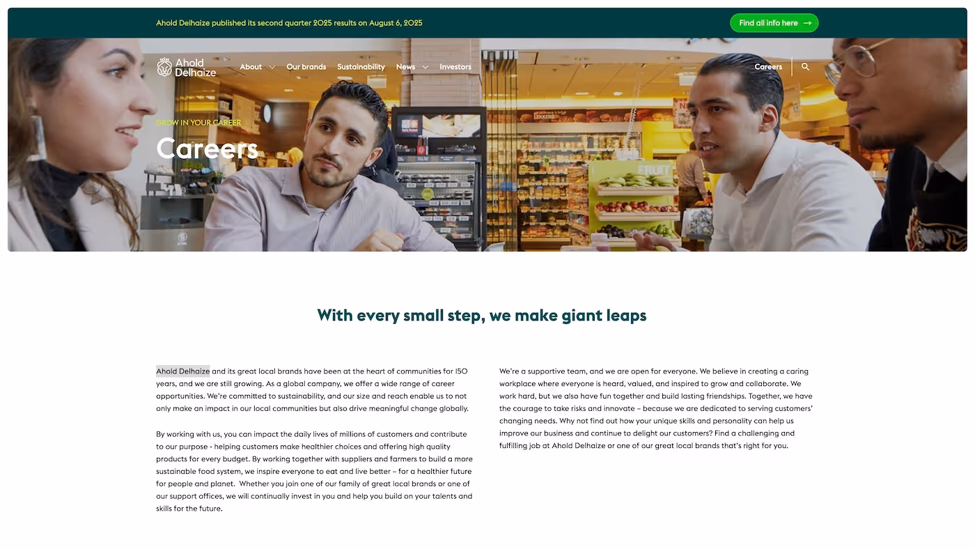 Screenshot of the official career page of Ahold Delhaize
