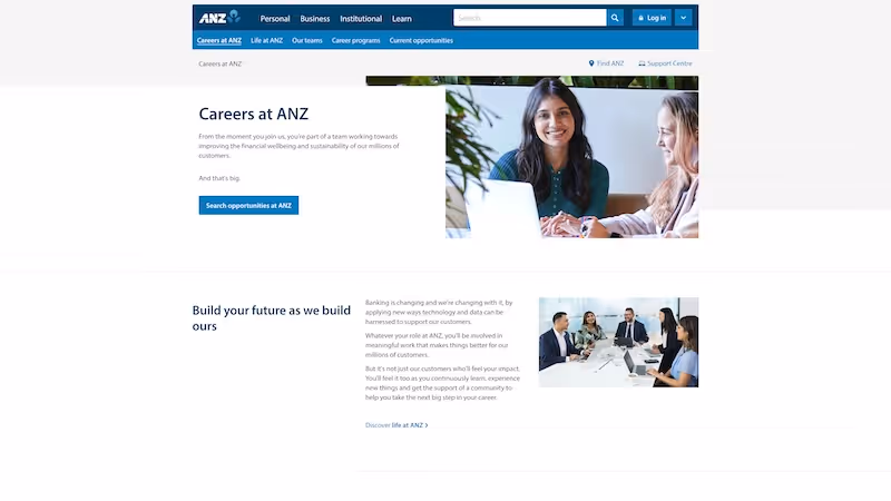 Screenshot of the official career page of ANZ Group