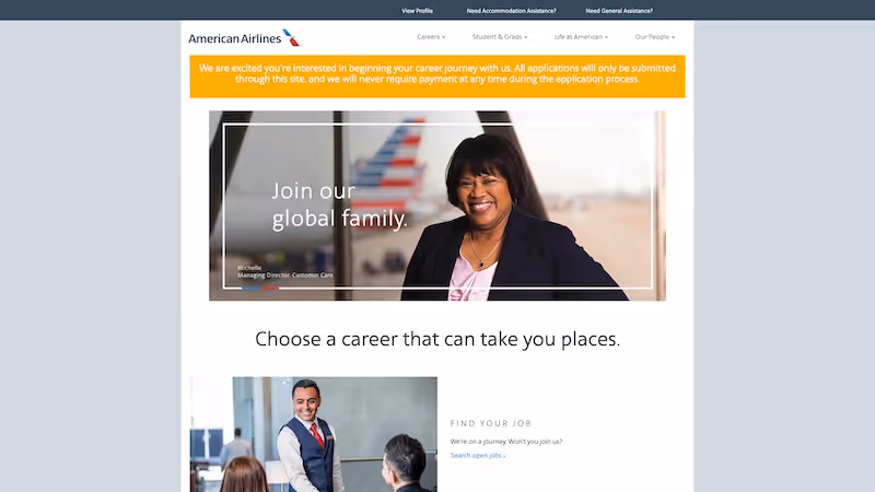 Screenshot of the official career page of American Airlines