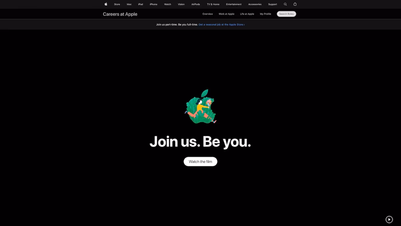 Screenshot of the official career page of Apple