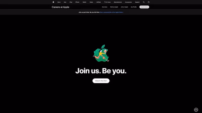 Screenshot of the official career page of Apple