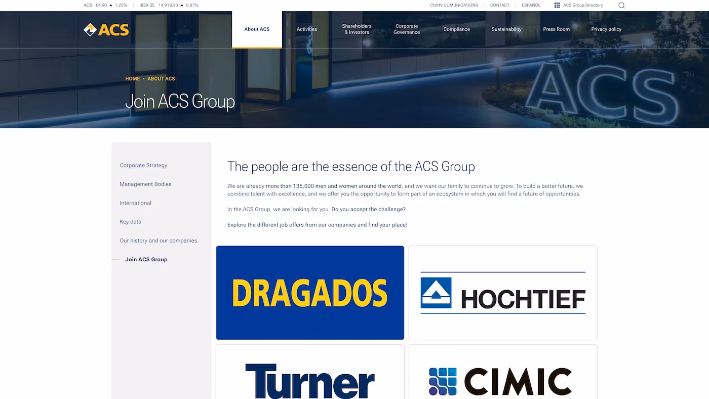 Screenshot of the official career page of ACS