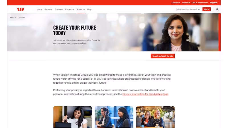 Screenshot of the official career page of Westpac Banking