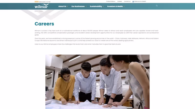 Screenshot of the official career page of Wilmar International