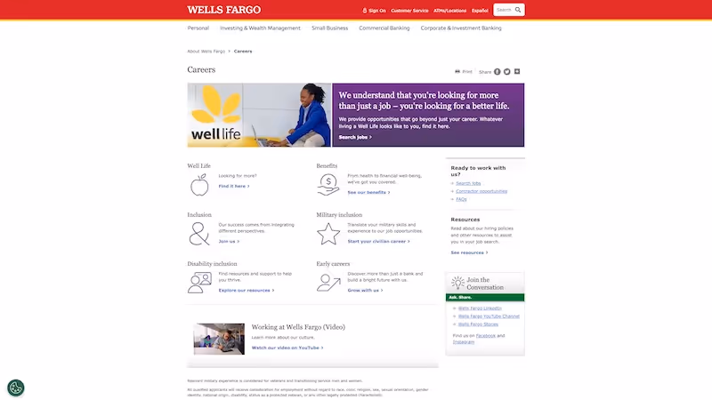 Screenshot of the official career page of Wells Fargo