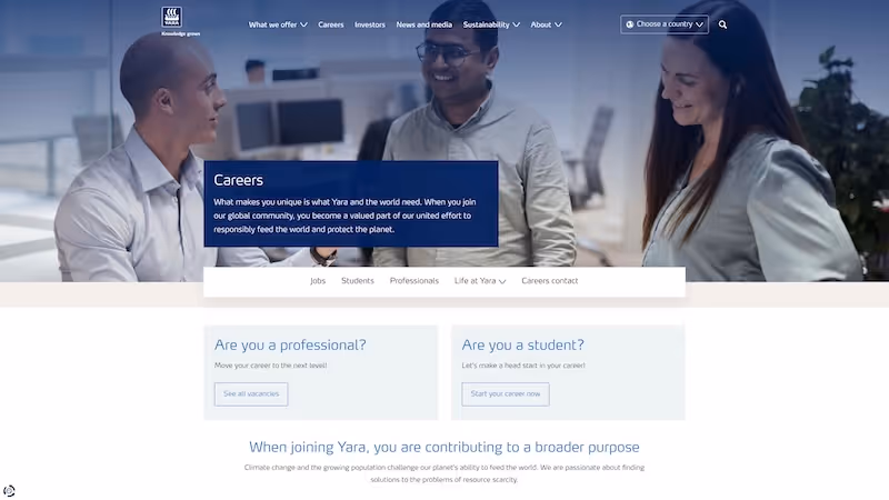 Screenshot of the official career page of Yara International