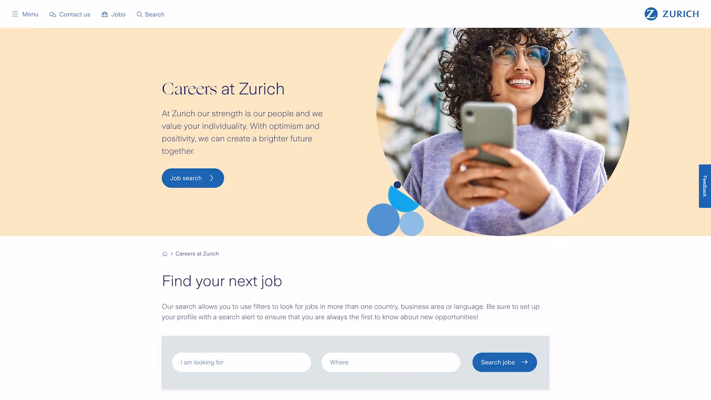 Screenshot of the official career page of Zurich Insurance Group