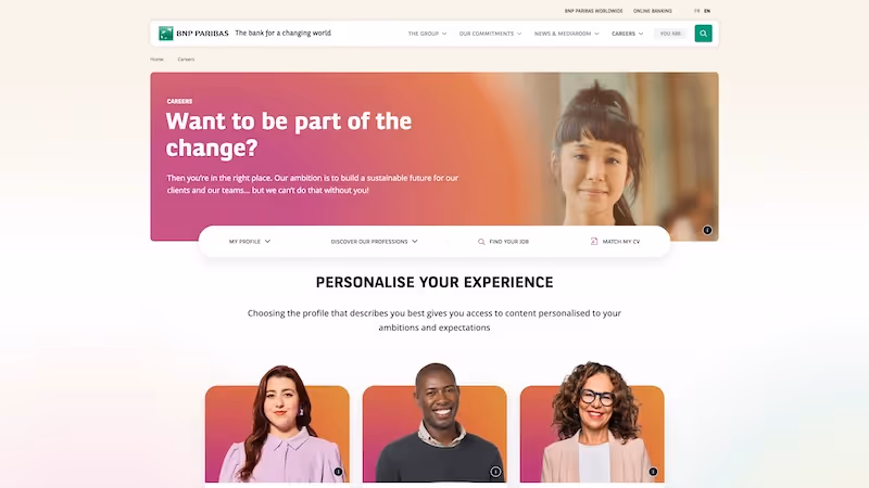 Screenshot of the official career page of BNP Paribas