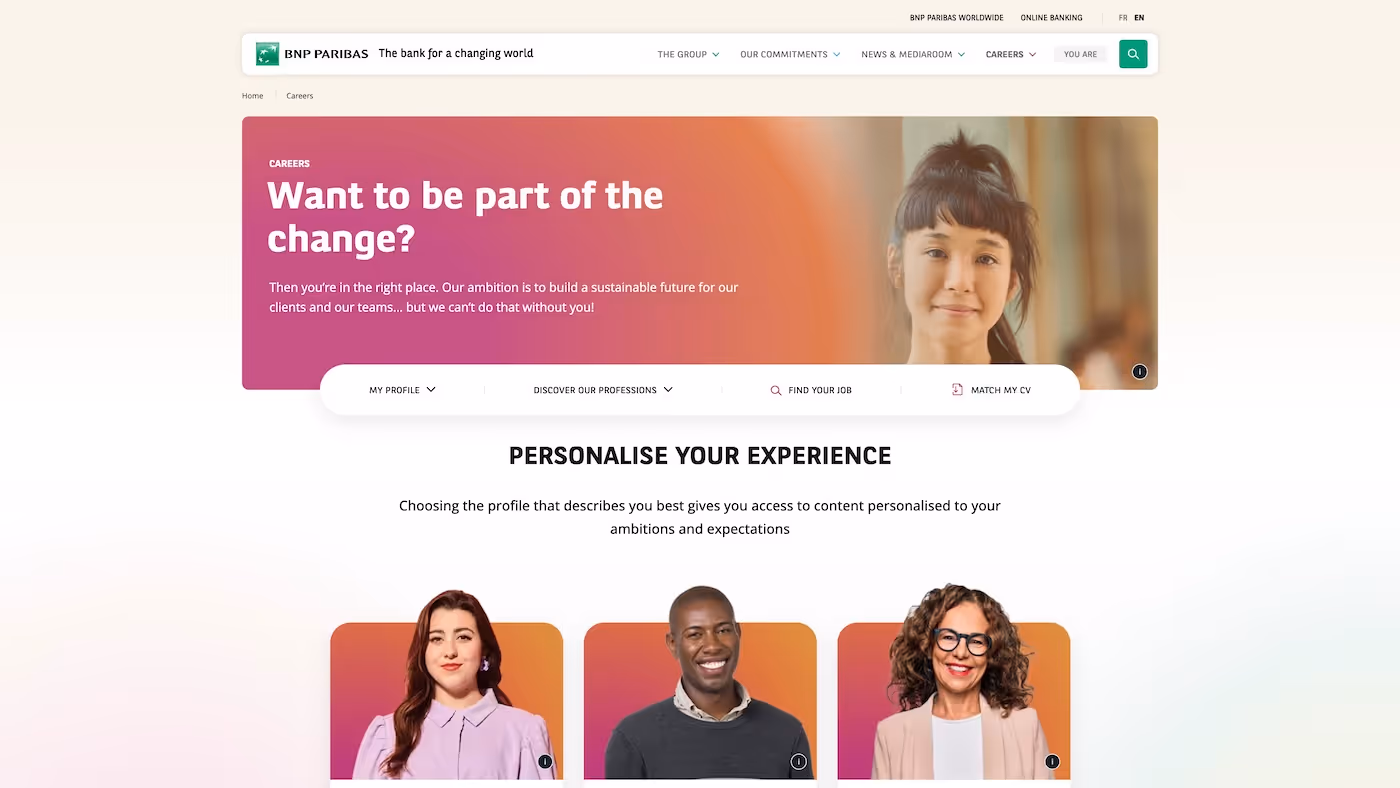 Screenshot of the official career page of BNP Paribas