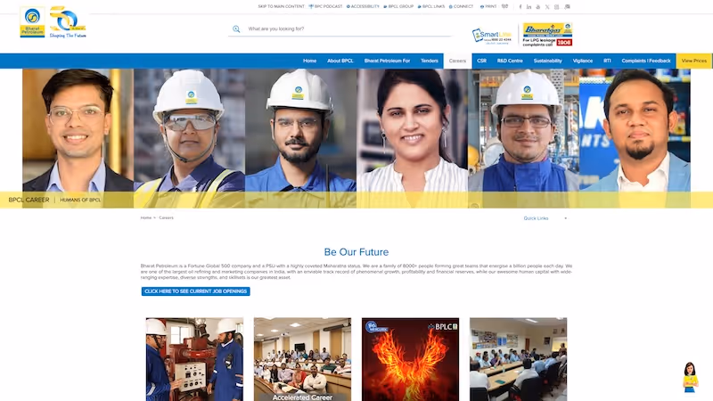 Screenshot of the official career page of Bharat Petroleum
