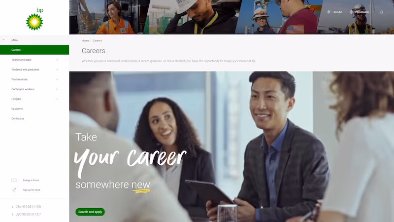 Screenshot of the official career page of BP