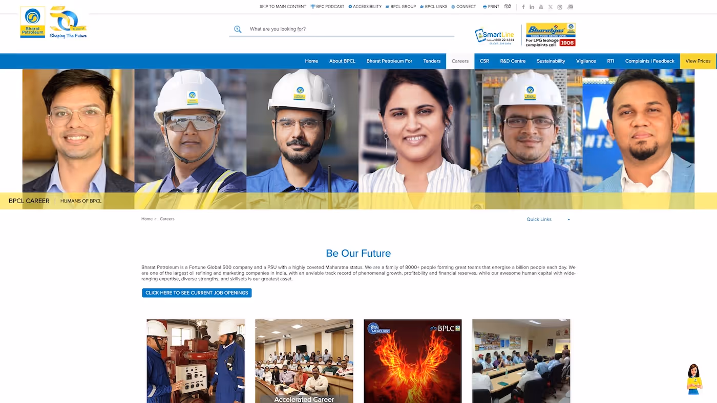 Screenshot of the official career page of Bharat Petroleum