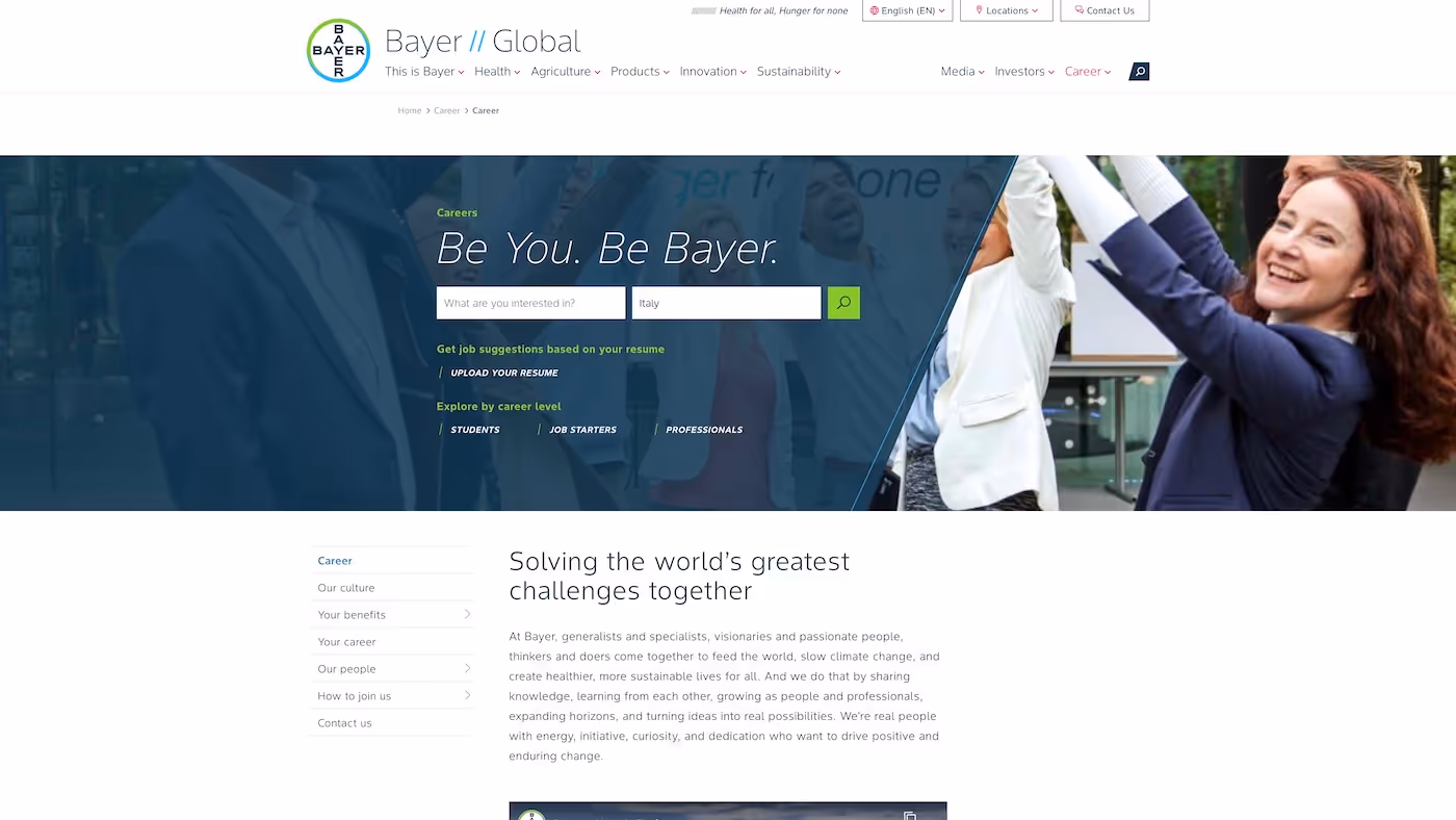Screenshot of the official career page of Bayer