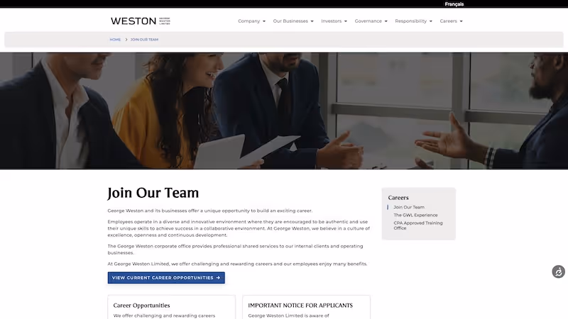 Screenshot of the official career page of George Weston