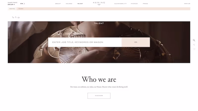 Screenshot of the official career page of Kering