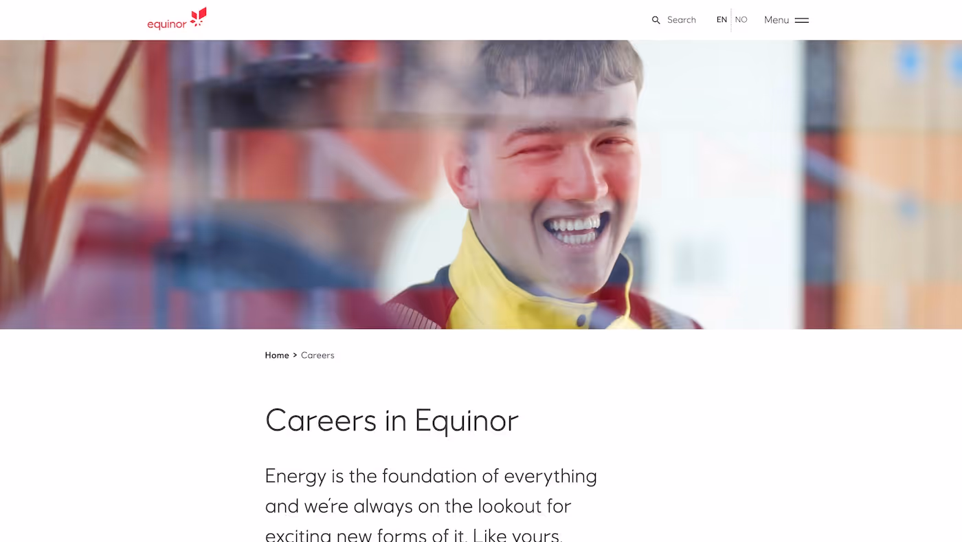 Screenshot of the official career page of Equinor