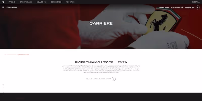Screenshot of the official career page of Ferrari