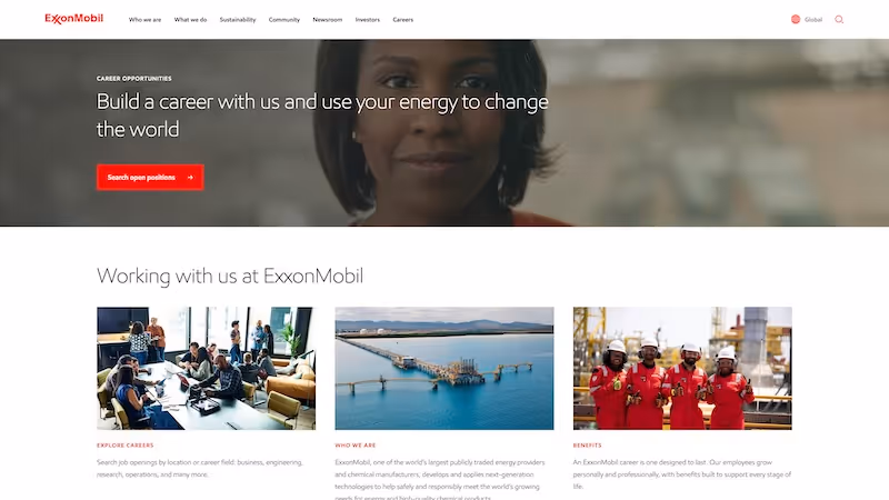 Screenshot of the official career page of Exxon Mobil