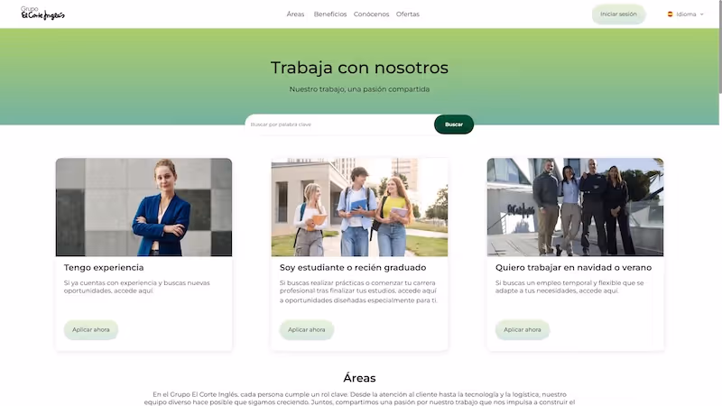 Screenshot of the official career page of El Corte Inglés