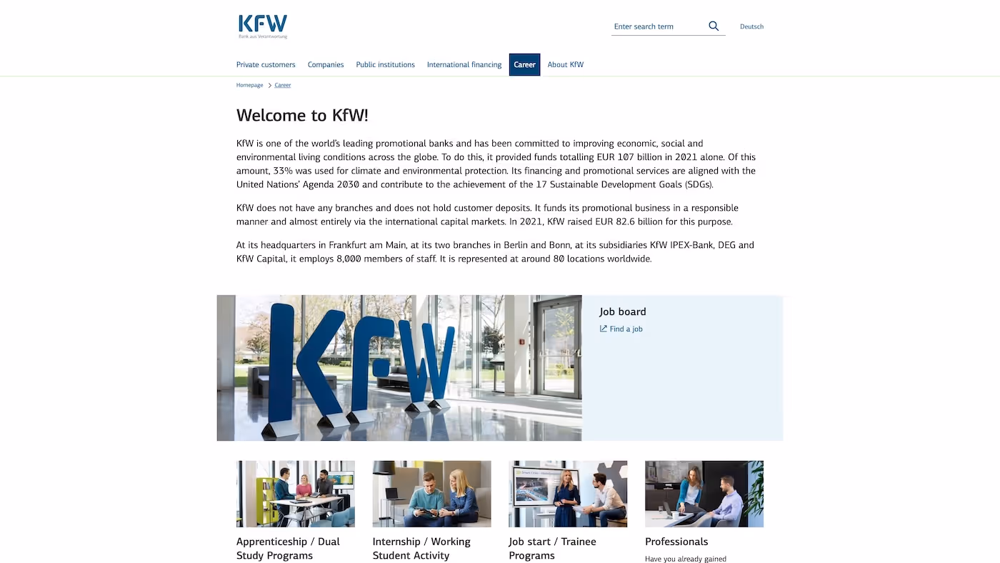 Screenshot of the official career page of KfW Group