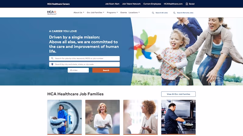 Screenshot of the official career page of HCA Healthcare