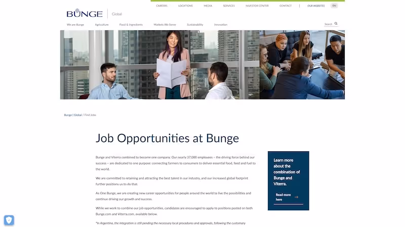 Screenshot of the official career page of Bunge
