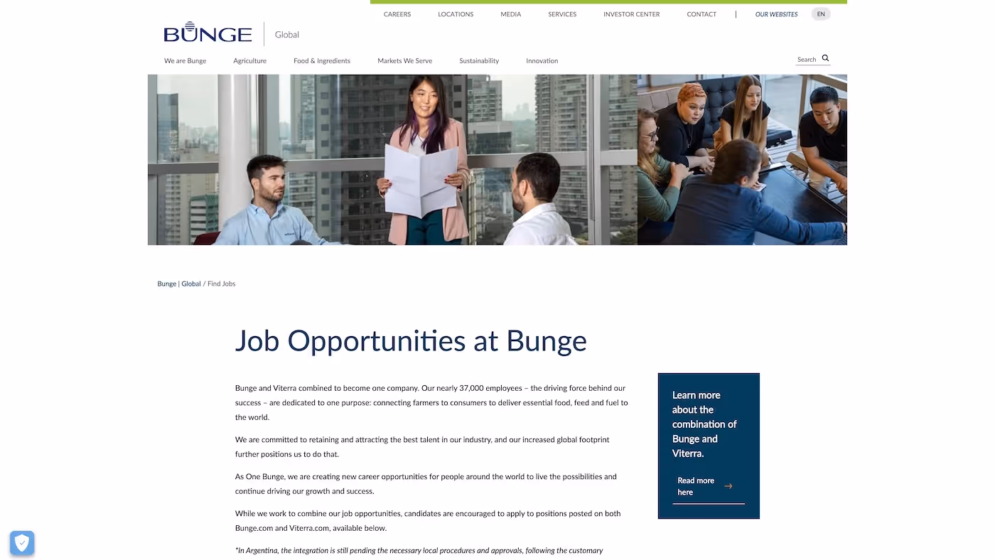 Screenshot of the official career page of Bunge