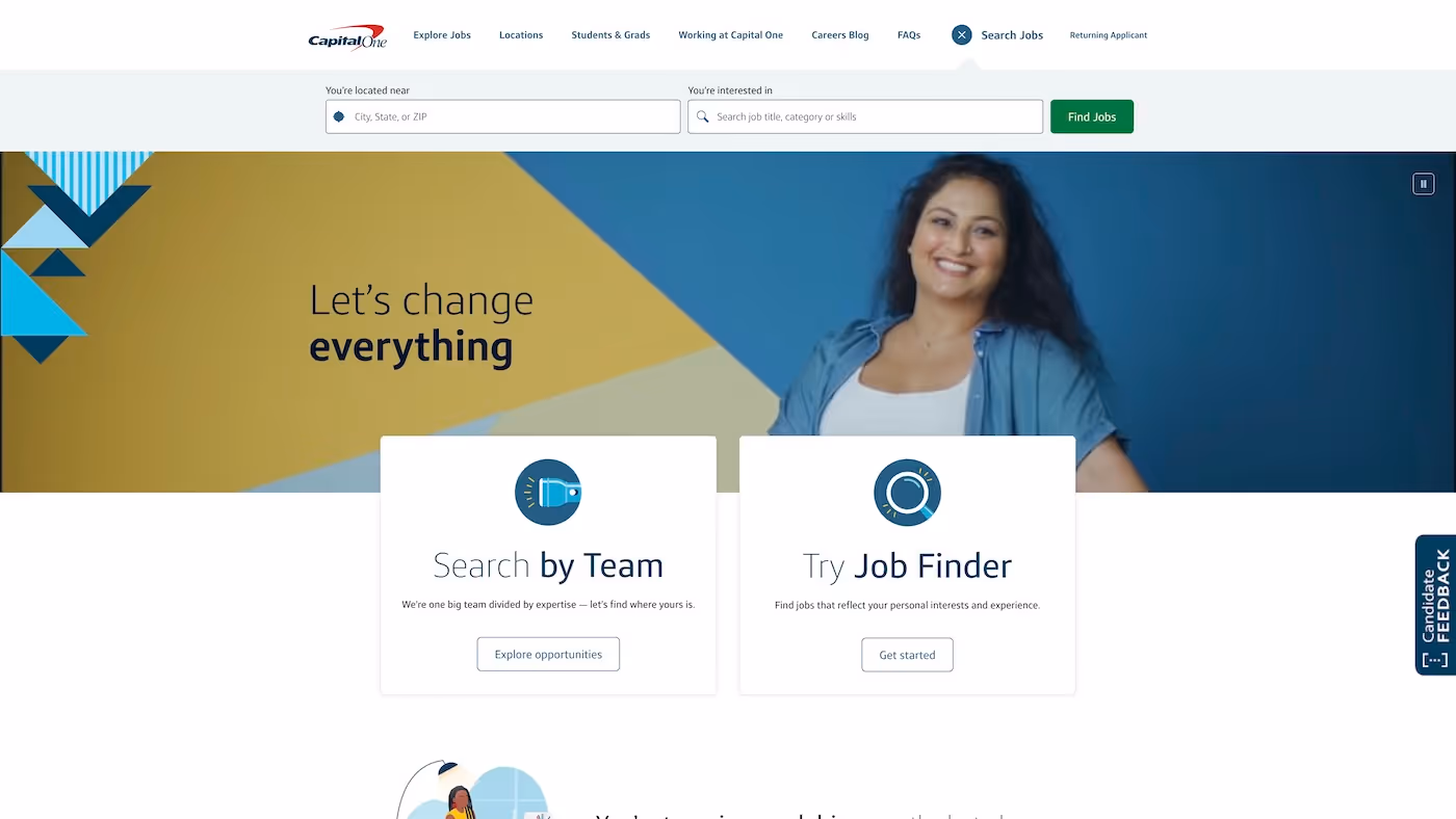 Screenshot of the official career page of Capital One