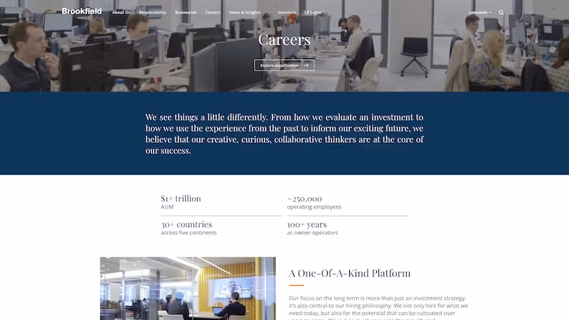 Screenshot of the official career page of Brookfield