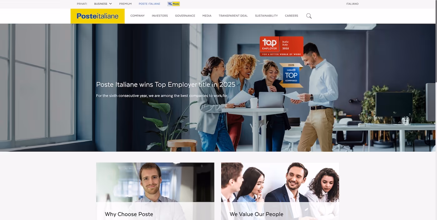 Screenshot of the official career page of Poste Italiane