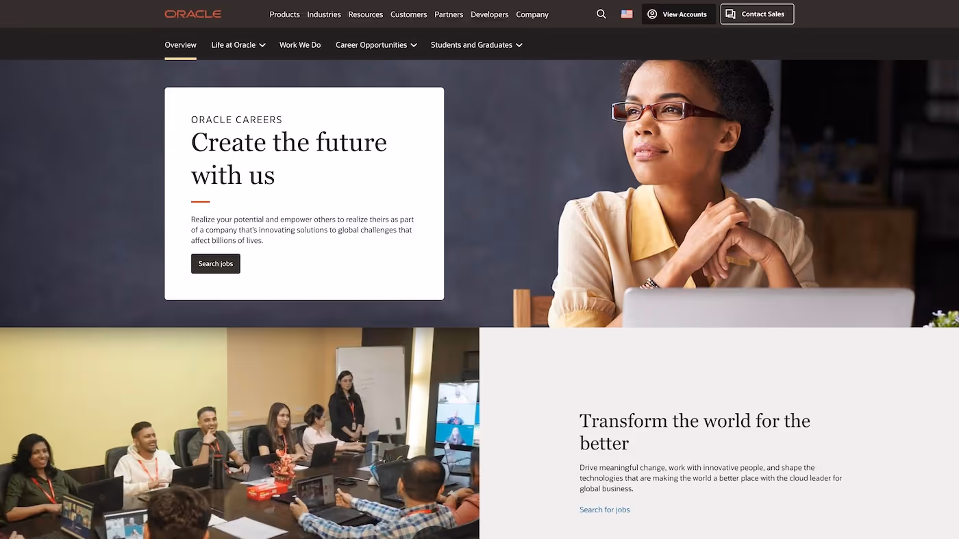 Screenshot of the official career page of Oracle