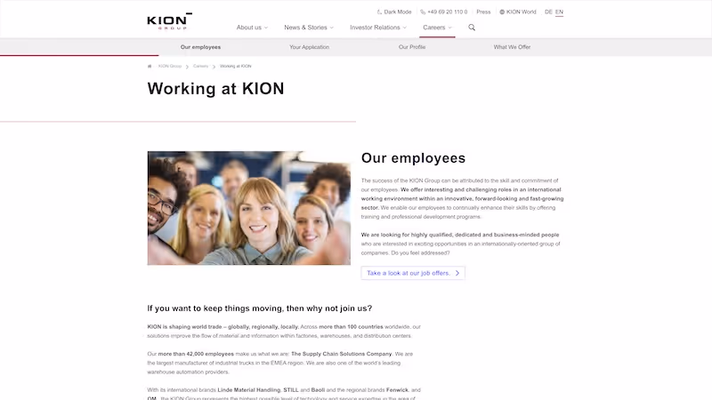 Screenshot of the official career page of KION Group