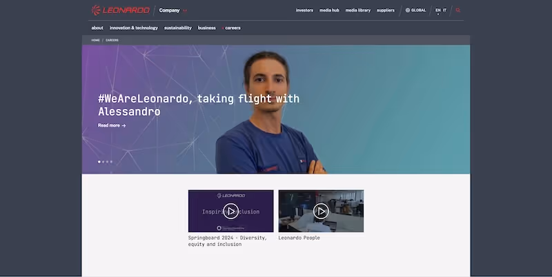 Screenshot of the official career page of Leonardo