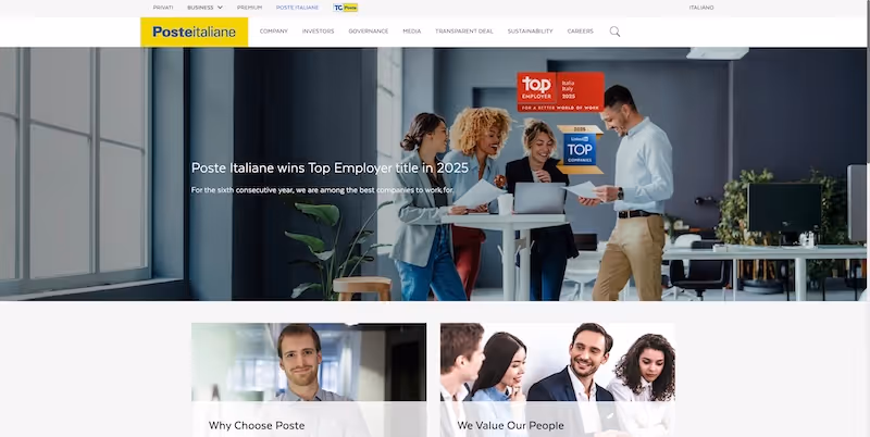 Screenshot of the official career page of Poste Italiane