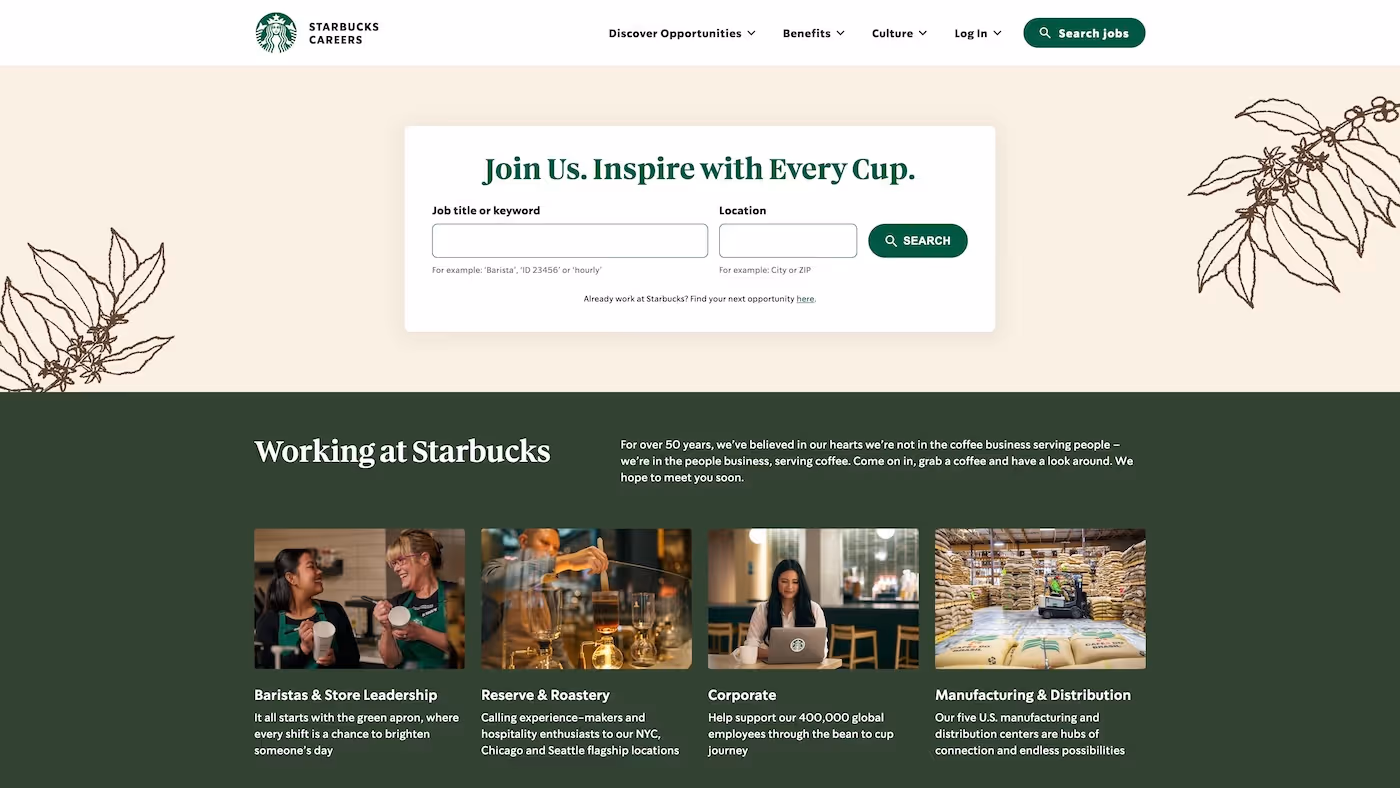 Screenshot of the official career page of Starbucks