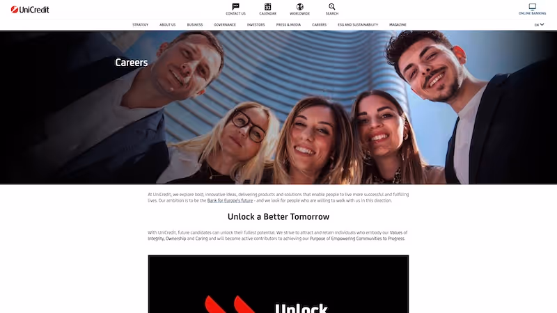Screenshot of the official career page of UniCredit 