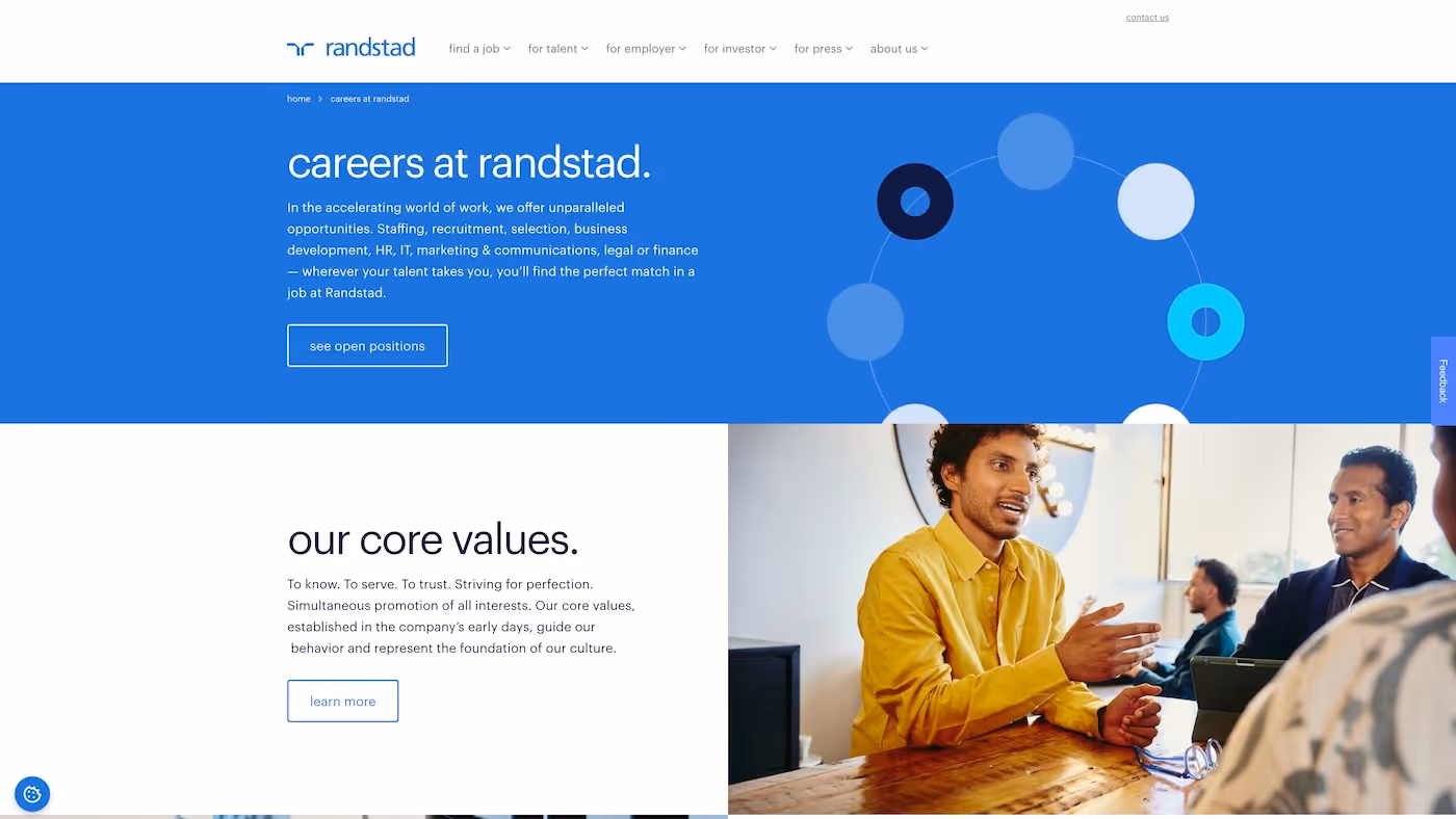 Screenshot of the official career page of Randstad