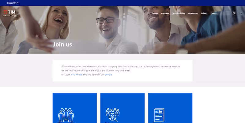 Screenshot of the official career page of Telecom Italia