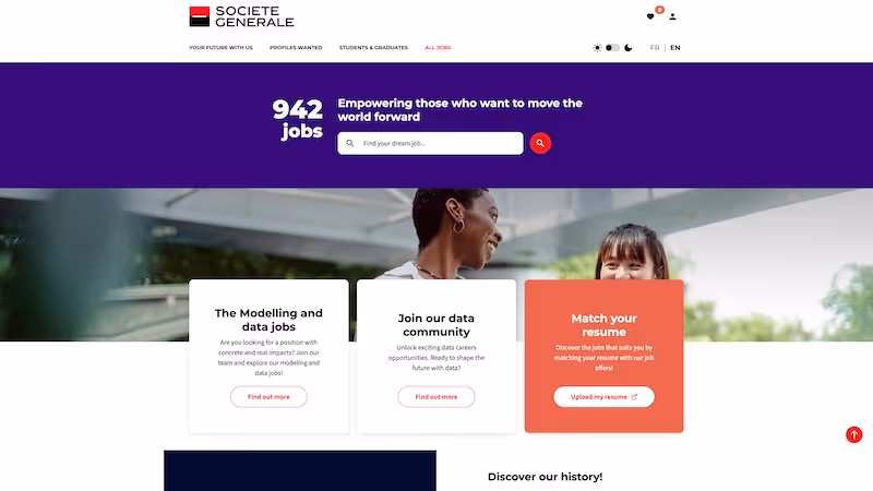 Screenshot of the official career page of Societe Generale