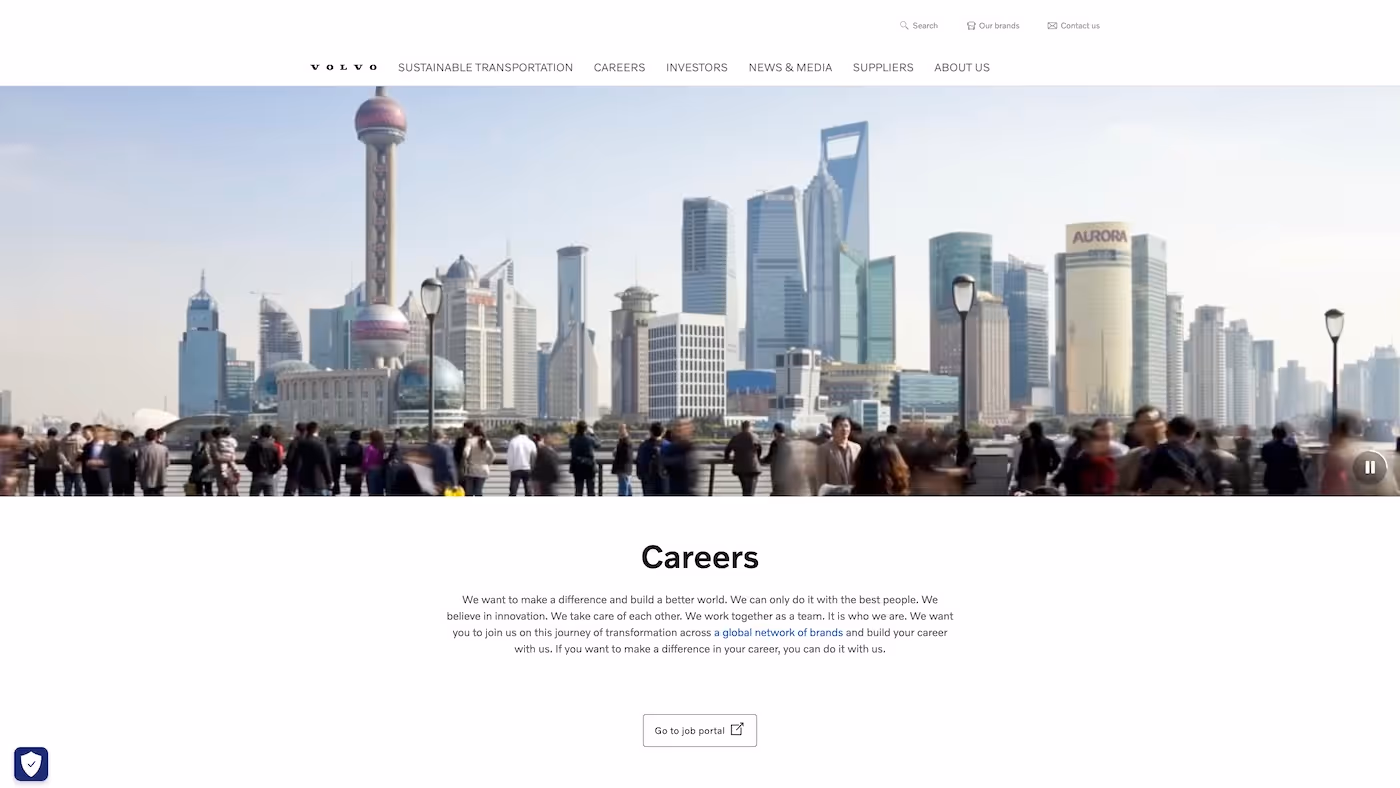 Screenshot of the official career page of Volvo