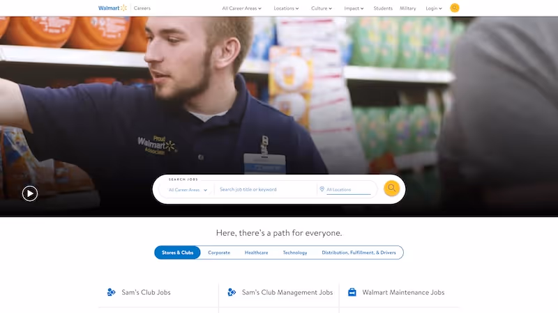 Screenshot of the official career page of Walmart