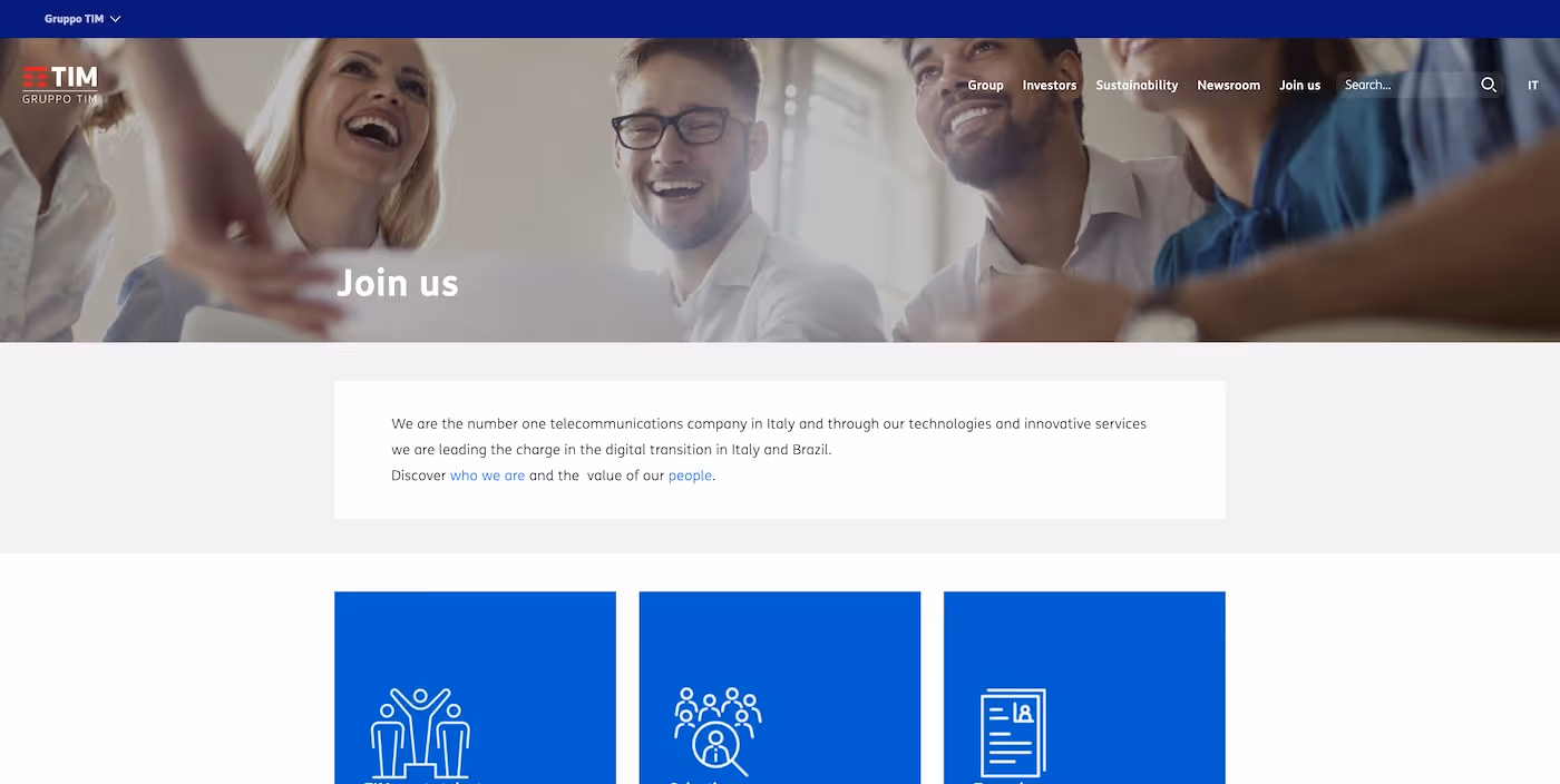 Screenshot of the official career page of Telecom Italia