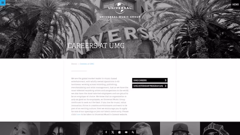 Screenshot of the official career page of Universal Music Group
