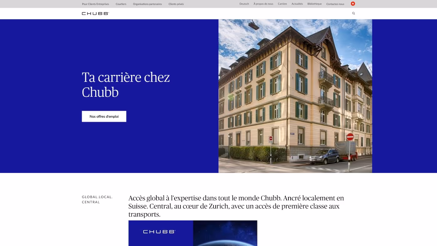 Screenshot of the official career page of Chubb