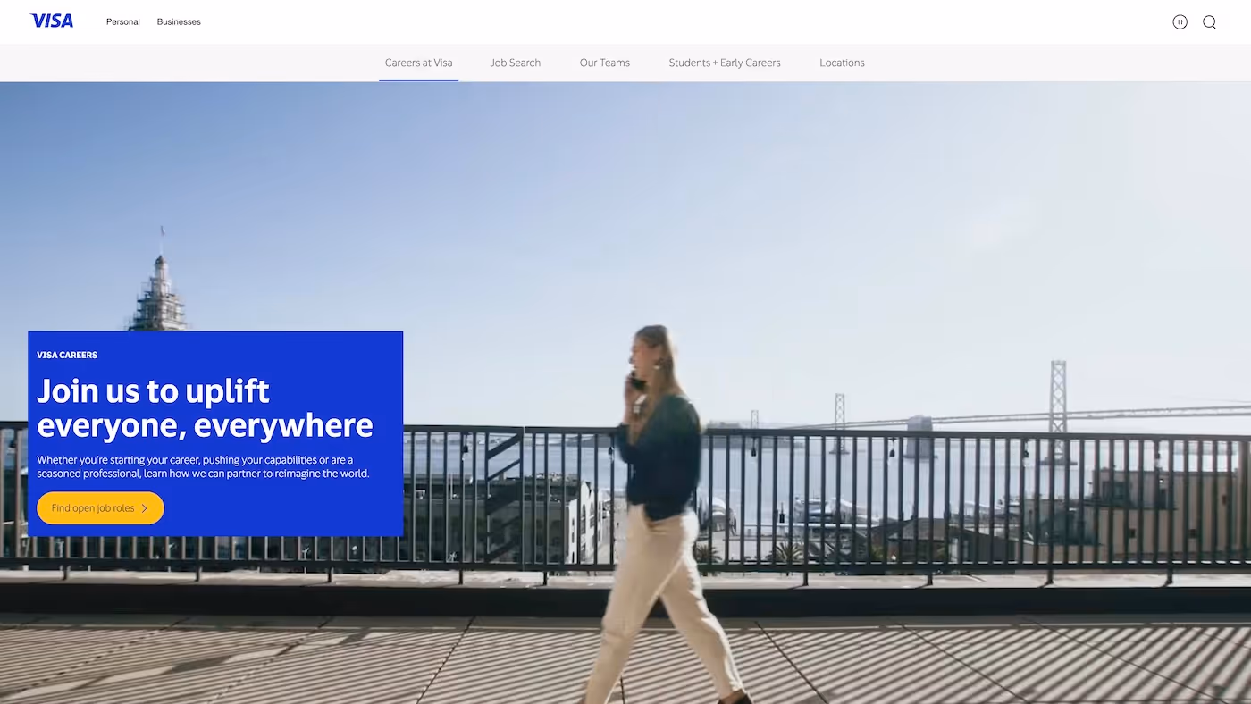 Screenshot of the official career page of Visa