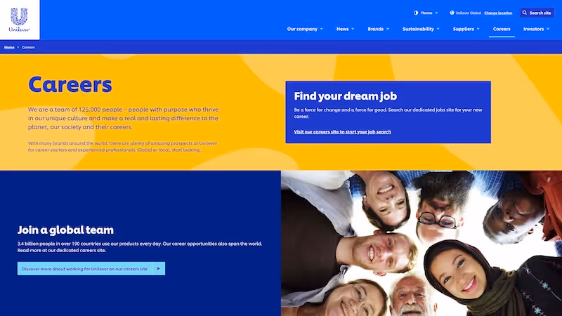 Screenshot of the official career page of Unilever